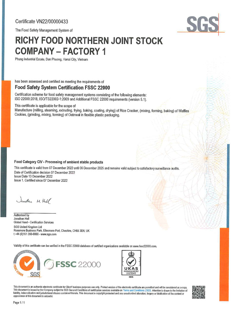 CERTIFICATE OF SGS - FACTORY 1